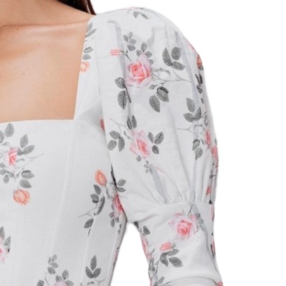 For Love & Lemons x Free People XS 0/2 Ivory Pink Floral Stripe Puff Sleeve Midi - Picture 6 of 15